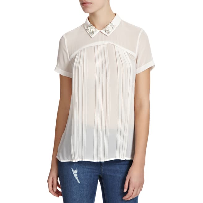 French Connection White Island Embellished Pleated Top
