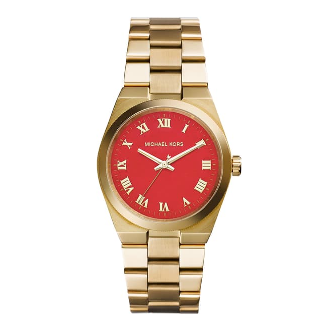 Michael Kors Ladies Gold/Red Stainless Steel Brooks Watch