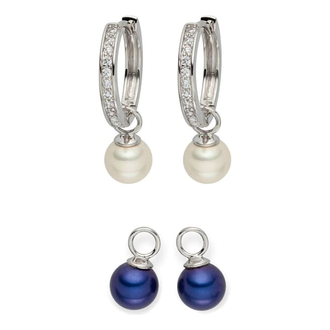 Nova Pearls Copenhagen White/Dark Blue Freshwater Pearl Interchangeable Hoop Earrings 8mm