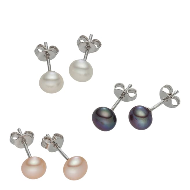 Nova Pearls Copenhagen Set of Three White/Violet/Orange Freshwater Pearl Stud Earrings
