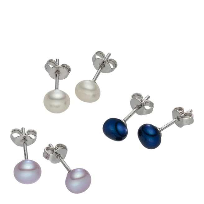 Nova Pearls Copenhagen Set of Three White/Blue/Purple Freshwater Pearl Stud Earrings 5mm