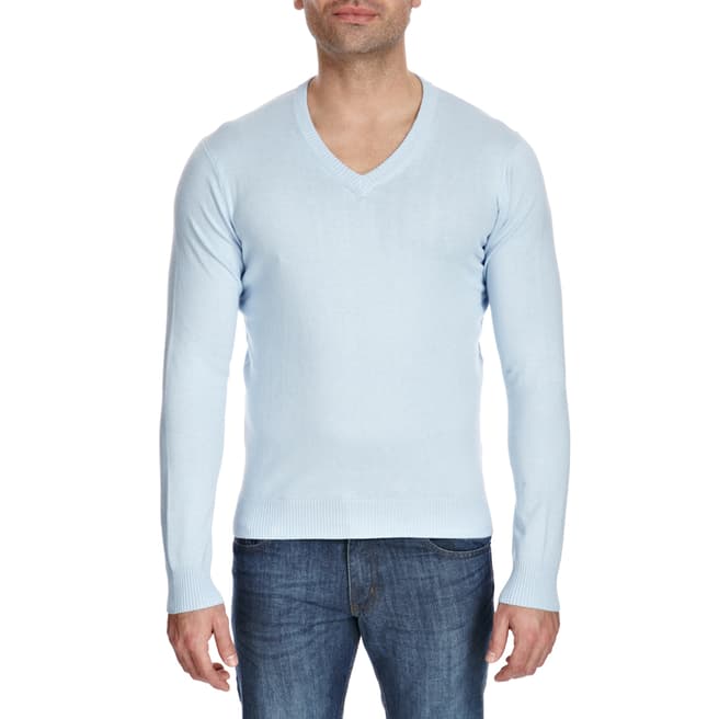 Scott & Scott London Men's Pale Blue Cashmere/Cotton Blend V Neck Jumper