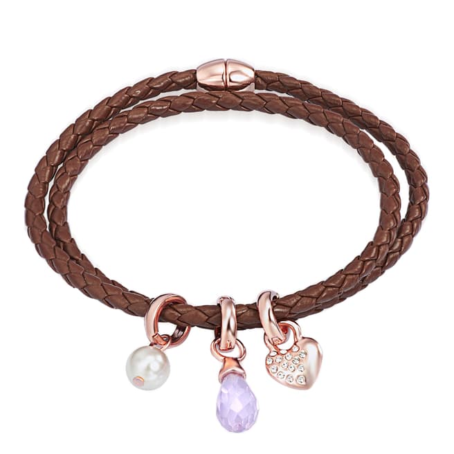 Lilly & Chloe Rose Gold/Brown Three Charm Leather Bracelet