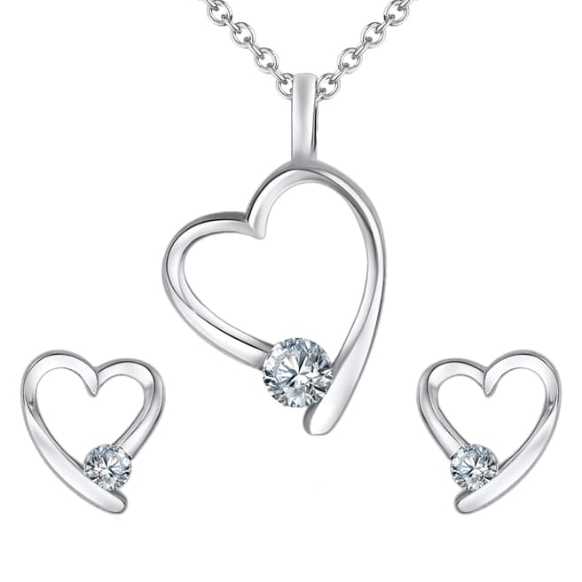 Saint Francis Crystals Rhodium Plated Set of Heart Shaped Necklace and Earrings