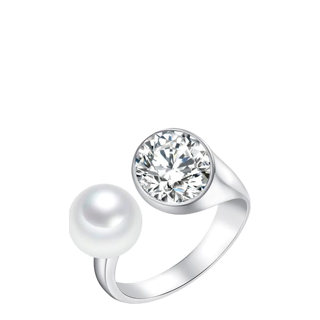 Pearls of London Silver/White Pearl/Crystal Sphere Ring 8mm