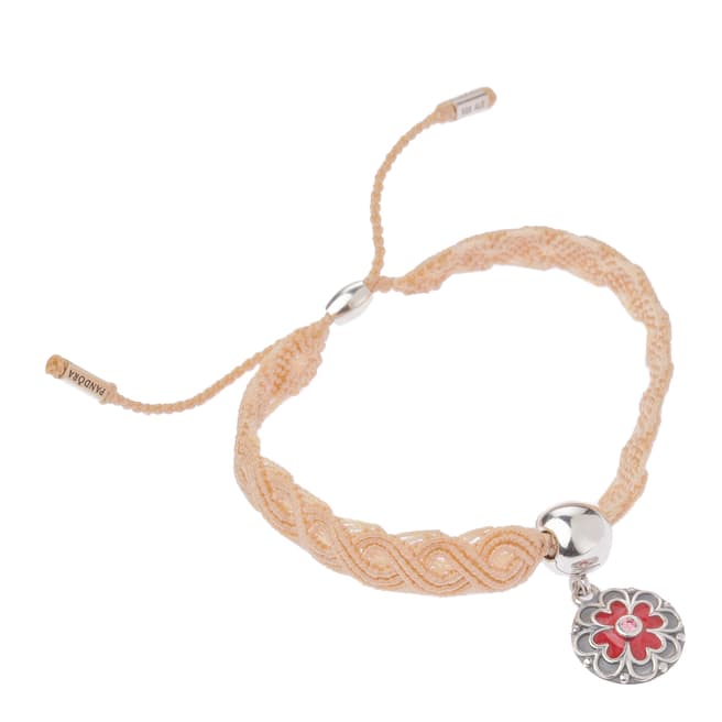Pandora Pale Pink/Silver Floral Charm/Macrame Bracelet