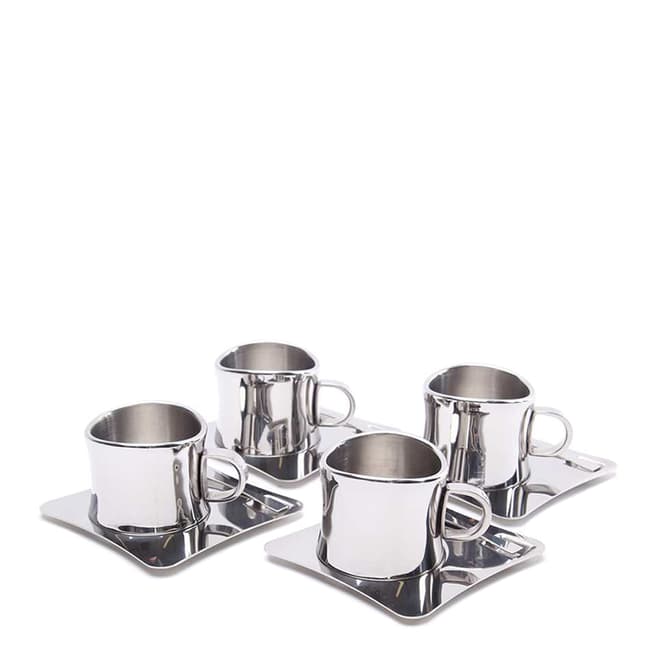 Jean Patrique Set of Four Silver Stainless Steel Espresso Cups/Saucers
