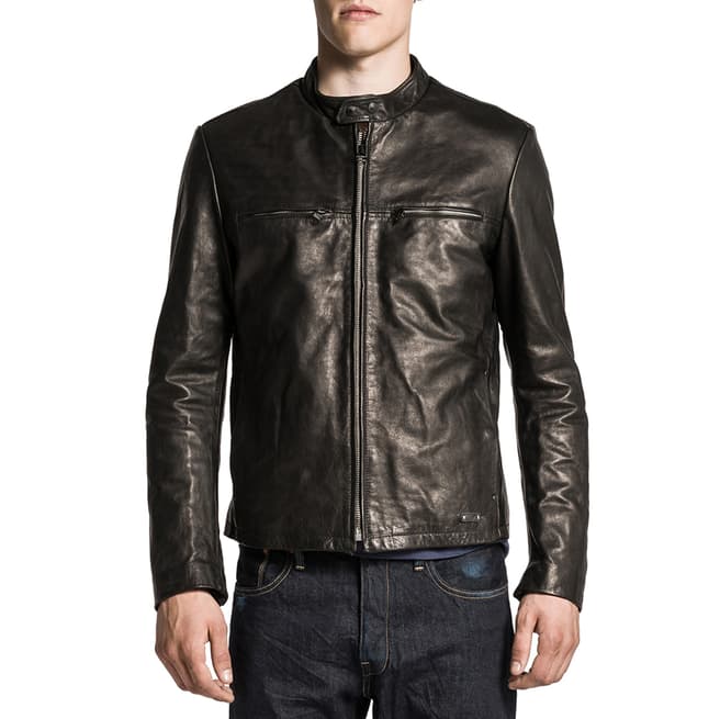 Replay Black Collarless Shiny Leather Jacket 