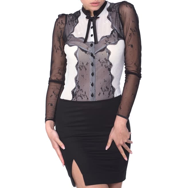 Arefeva Black/White Long Sleeve Lace Stretch Bodysuit
