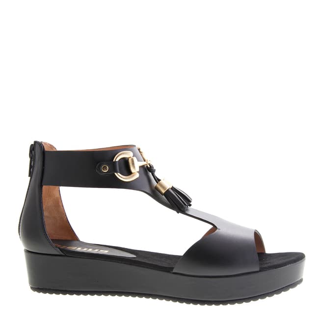 Sienna Black/Gold Leather T Bar Buckle/Tassel Sandals Heel 3.5cm