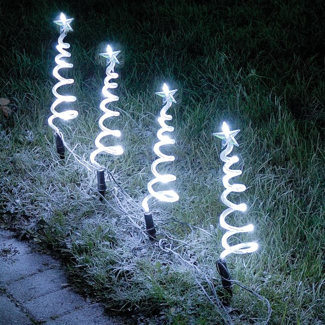 Festive Set of 4 White LED Spiral Tree Garden Stakes