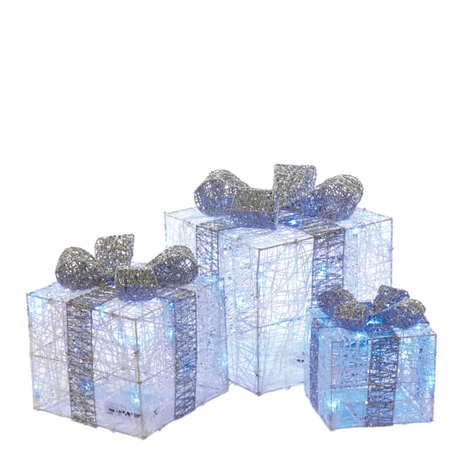 Festive Set of Three Silver/Blue Decorative Gift Box Lights 