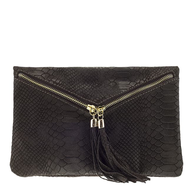 Giulia Massari Black Leather Envelope Tassel Clutch Bag