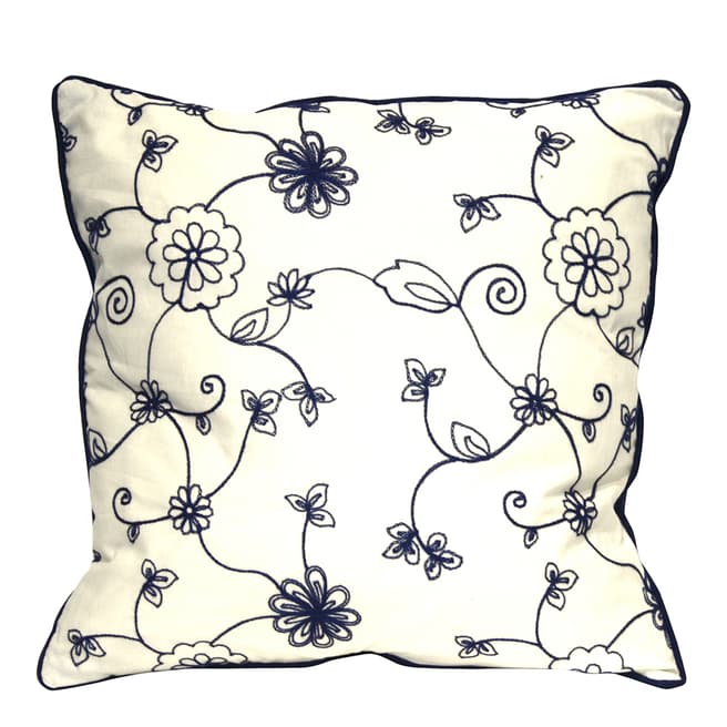 Gallery Living Blue/Cream Floral Crewelwork Cotton Cushion 45x45cm