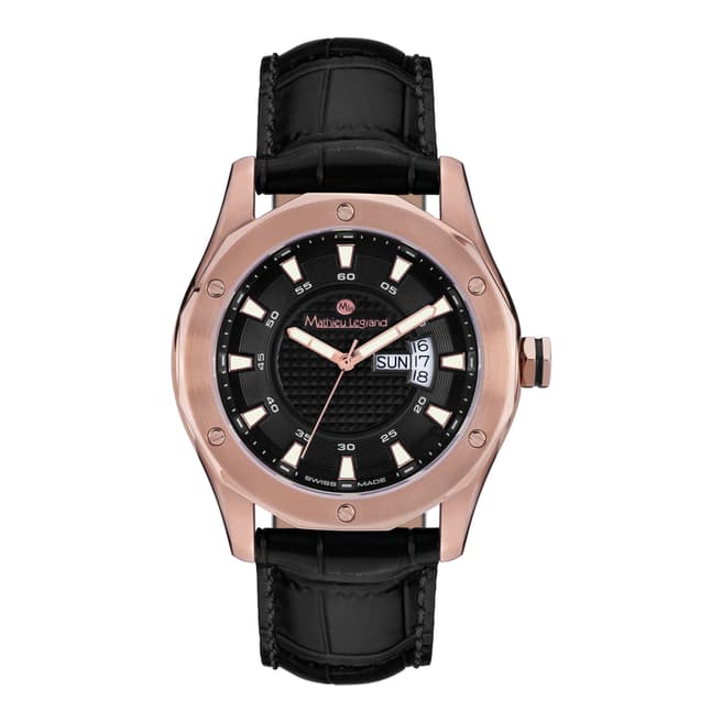 Mathieu Legrand Men's Black/Rose Gold Leather Dodecagone Watch