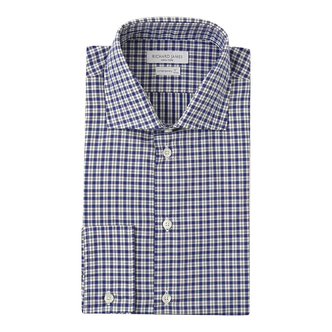 Richard James Savile Row Blue/White Small Check Contemporary Cotton Shirt