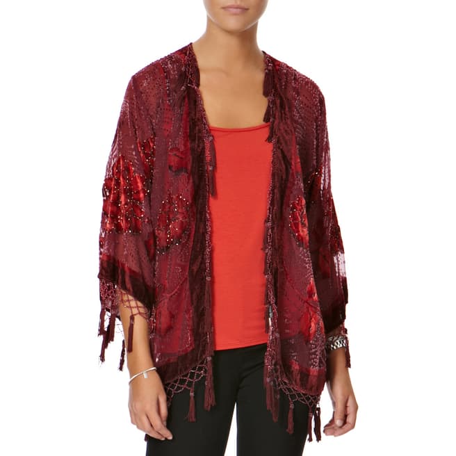 JayLey Collection Dark Red Silk Devore Kimono Jacket One Size