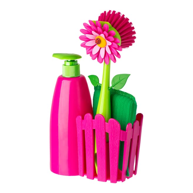 Vigar Pink/Green Flower Power Dish Brush/Soap Dispenser Set