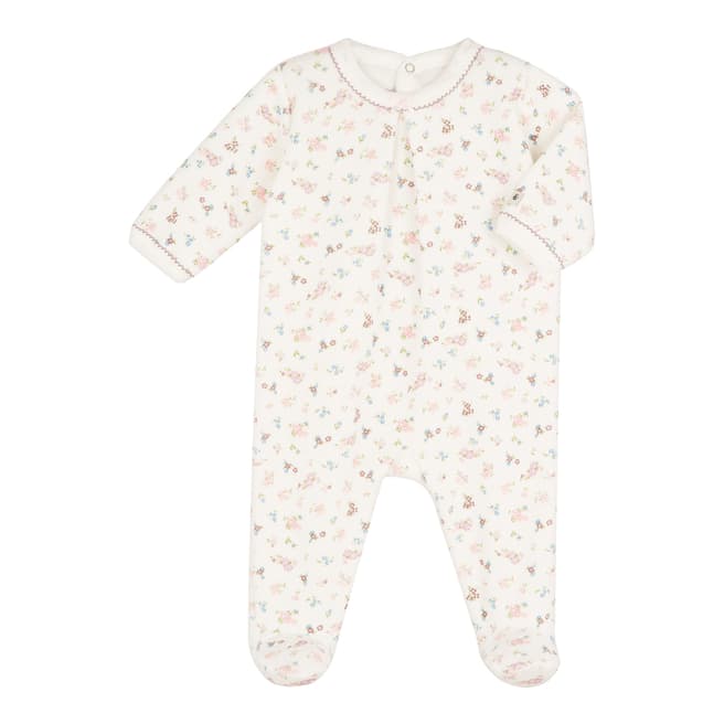 Petit Bateau Baby Girl's White/Pink Floral Print Velour Sleep Suit