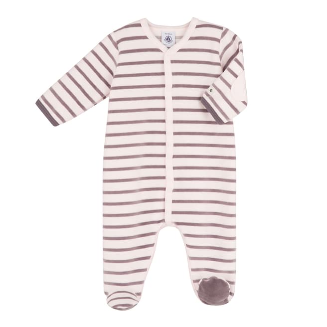 Petit Bateau Baby Girl's Pale Pink Stripe Velour Sleep Suit