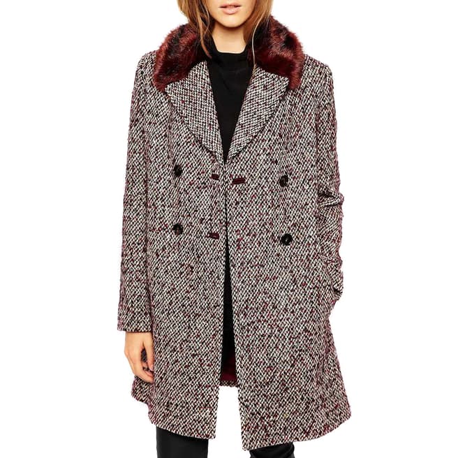 French Connection Burgundy/Brown Moscow Tweed Faux Fur Collar Coat