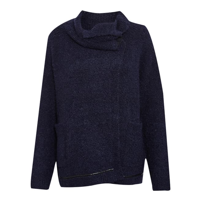 Great Plains Navy Banging Boucle Wool Blend Polo Cardigan