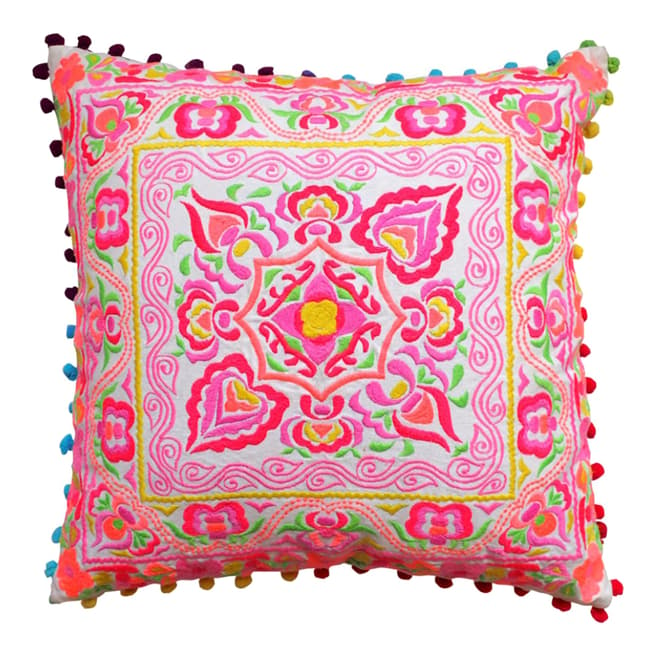 Bombay Duck Pink/Orange Tulum Embroidered Cotton Square Cushion