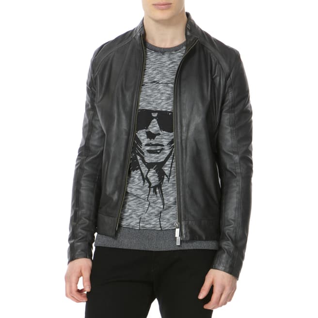 Karl Lagerfeld Black Perforated Detail Leather Jacket