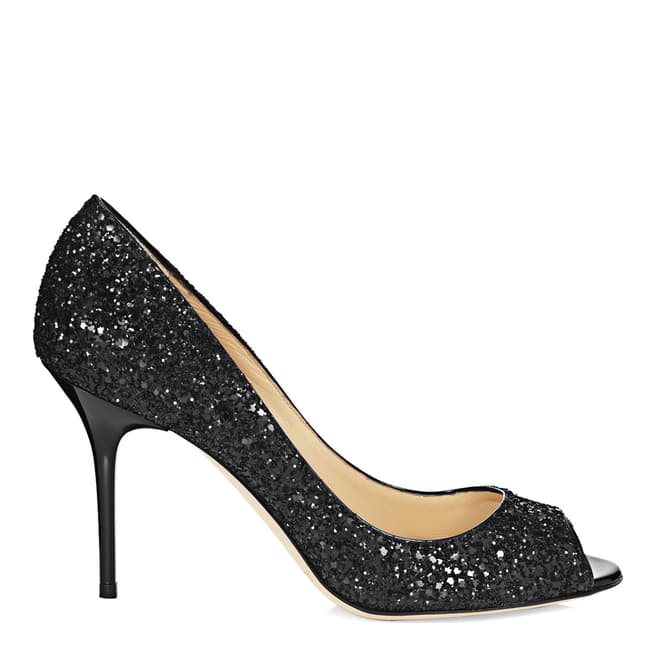Jimmy Choo Black Glitter Evelyn Peep Toe Shoes Heel 8.5cm