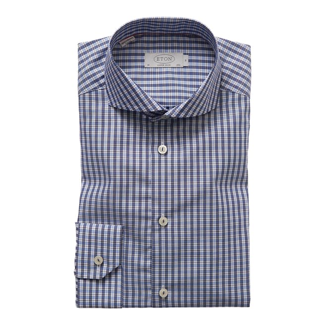 Eton Shirts Blue Check Super Slim Fit Traditional Single Cuff Cotton Shirt