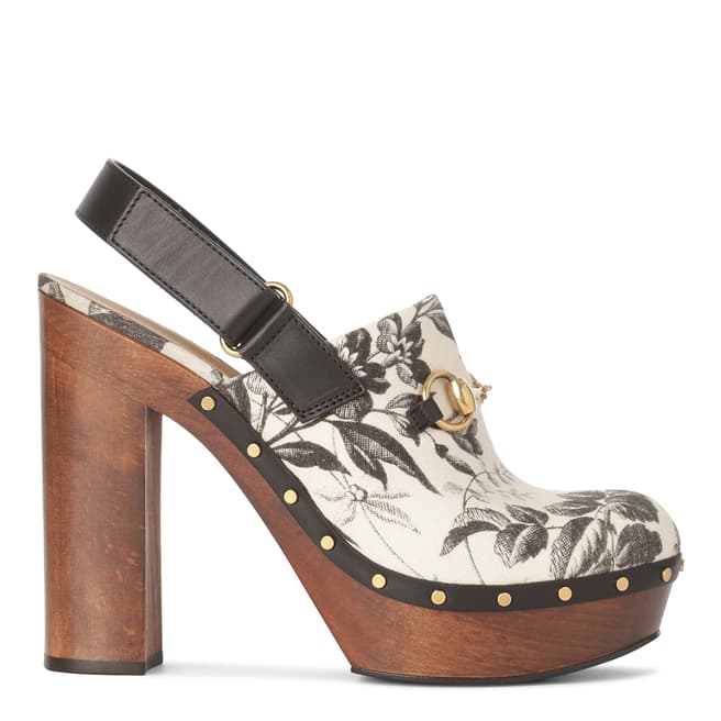 Gucci Brown Leather/Linen Floral Printed Amstel Clog Heel 11cm