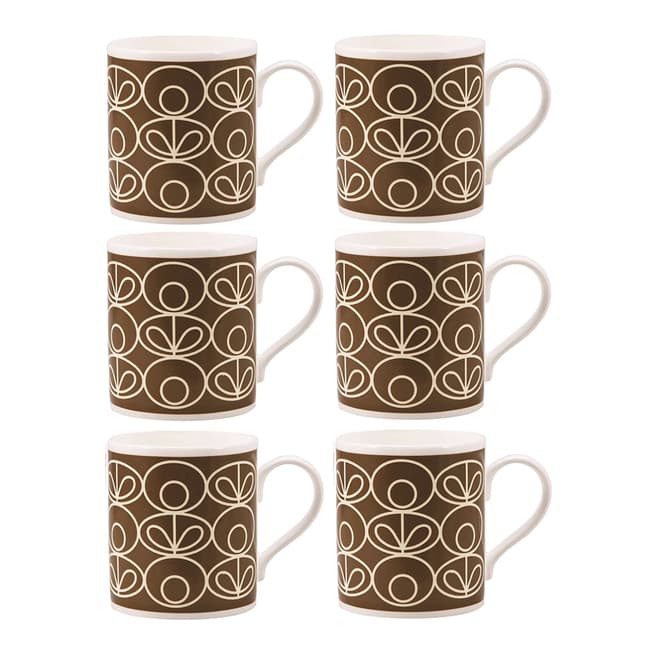 Orla Kiely Set of Six Chocolate Linear Flower Oval Print Mugs