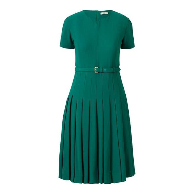 Orla Kiely Green Wool Crepe Pleated Belted Dress