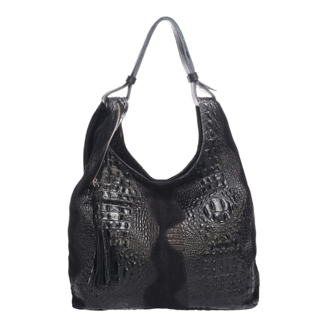 Giulia Massari Black Leather Reptile Textured Shopper Bag