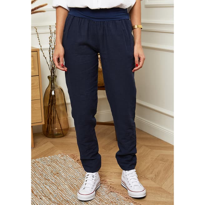 Rodier Navy Slim Fit Linen Trousers