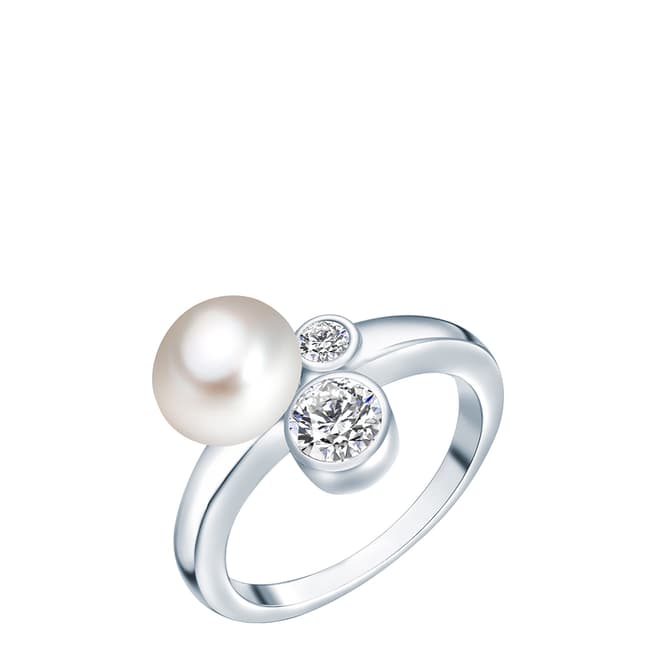 Nova Pearls Copenhagen Silver/White Freshwater Button Pearl/Crystal Ring 8-9mm