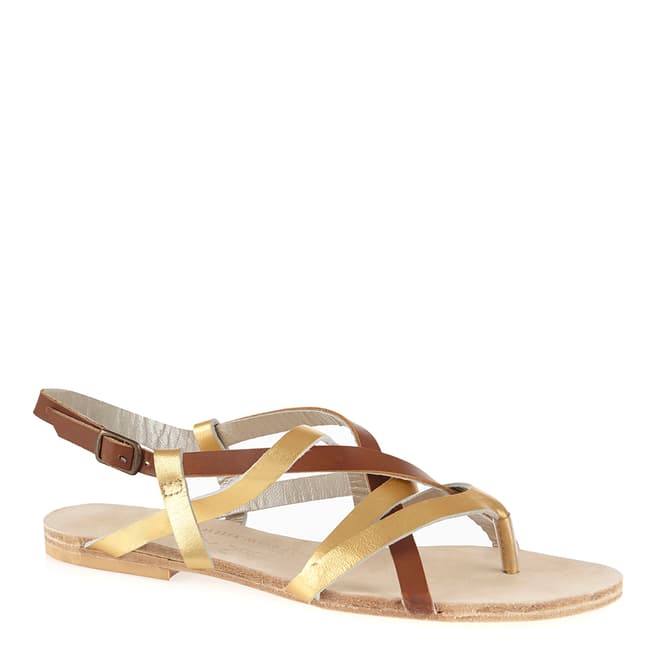 French Sole Gold/Brown Leather Cross Strap Sandals