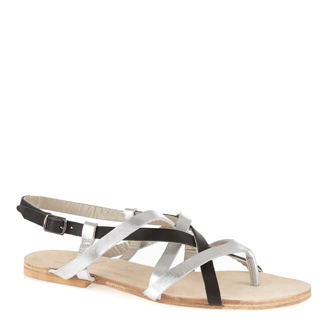 French Sole Silver/Black Leather Cross Strap Sandals