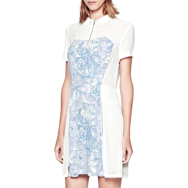 French Connection White/Blue Flights Of Fancy Pleated Shirt Dress