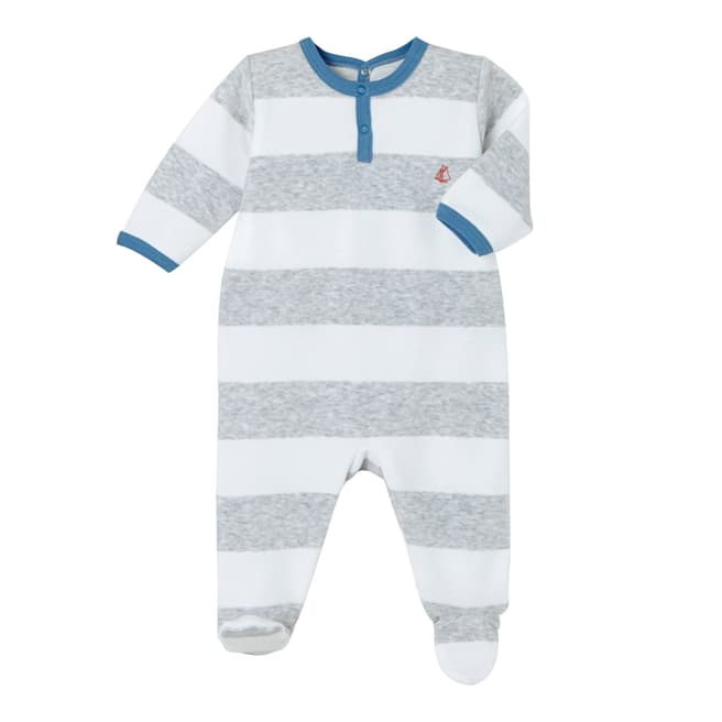 Petit Bateau Baby Boy's Grey/White Striped Velour All-In-One