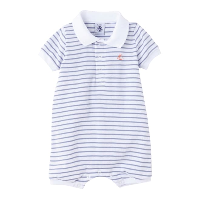 Petit Bateau Baby Boy's White/Blue Stripe Polo Collar Short Cotton All-In-One