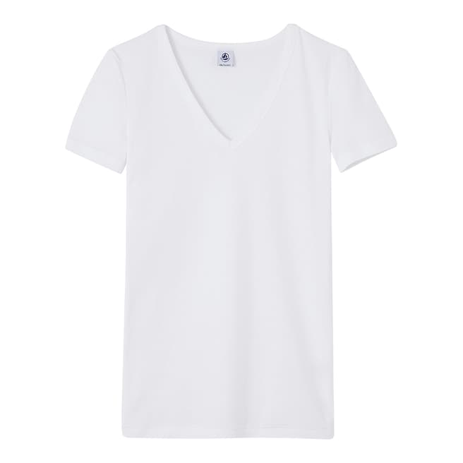Petit Bateau White Plain V-Neck Cotton T-Shirt