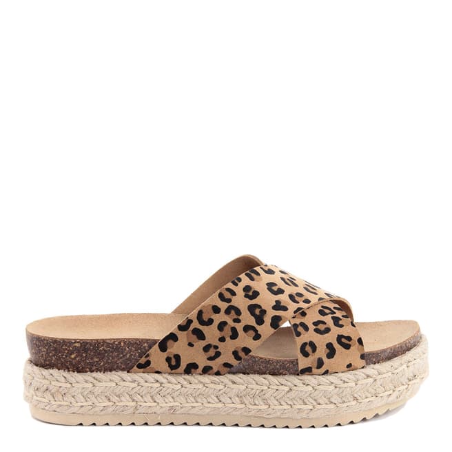 Ri-Belle Brown Leather Leopard Print Crossed Band Sandals