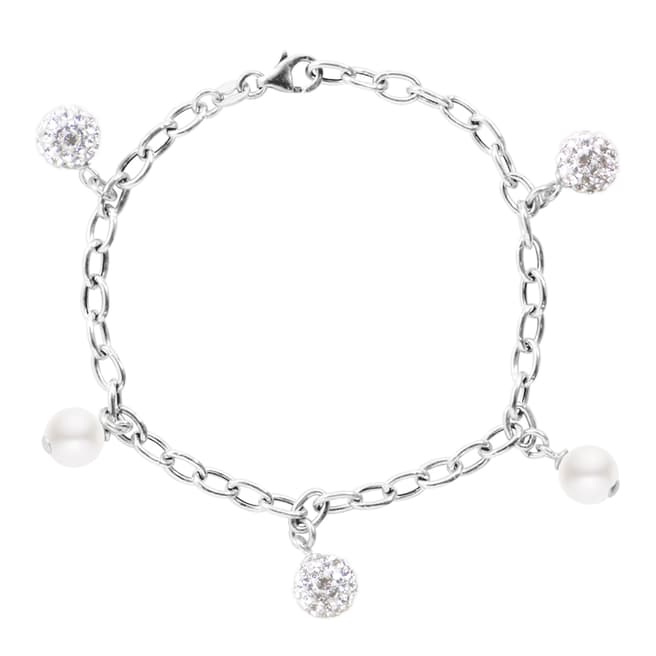 Just Pearl White/Silver Freshwater Pearl/Crystal Charm Bracelet 8-9cm
