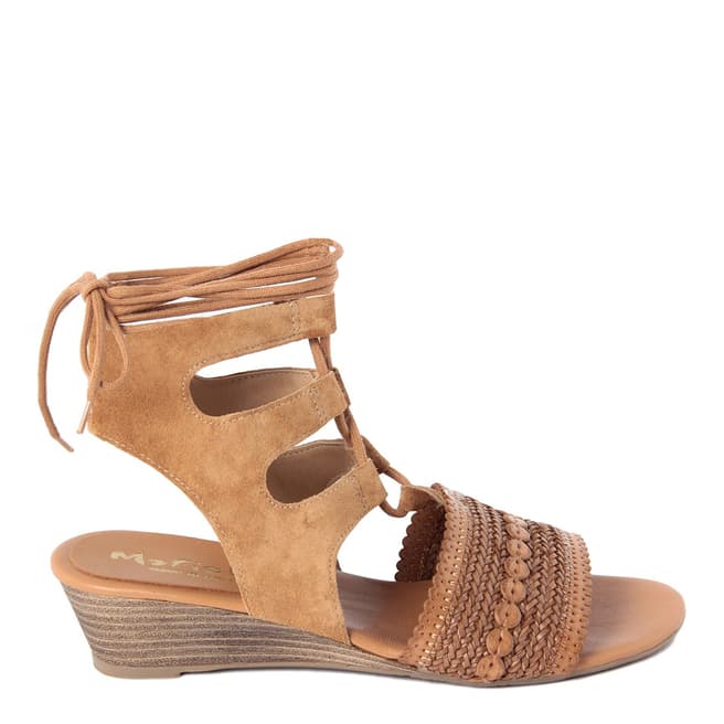 Mariella Light Tan Suede Lace Up Wedge Sandals Heel 4cm
