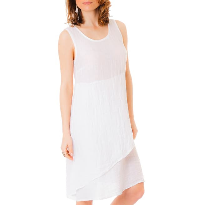 100% Italian Linen White Sleeveless Double Layered Linen Midi Dress