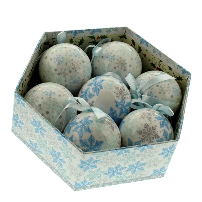 Festive Set of Seven Blue/White Snowflake Baubles in a Hexagonal Box
