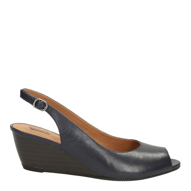 Clarks Women's Navy Leather Brielle April Wide Fit Slingback Sandals Heel 5cm