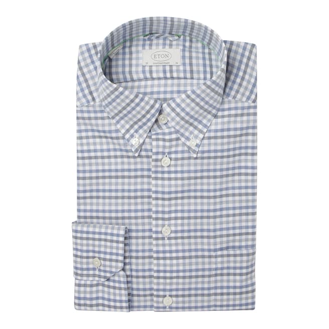 Eton Shirts Blue/Grey Check Contemporary Fit Traditional Single Button Cuff Cotton Shirt