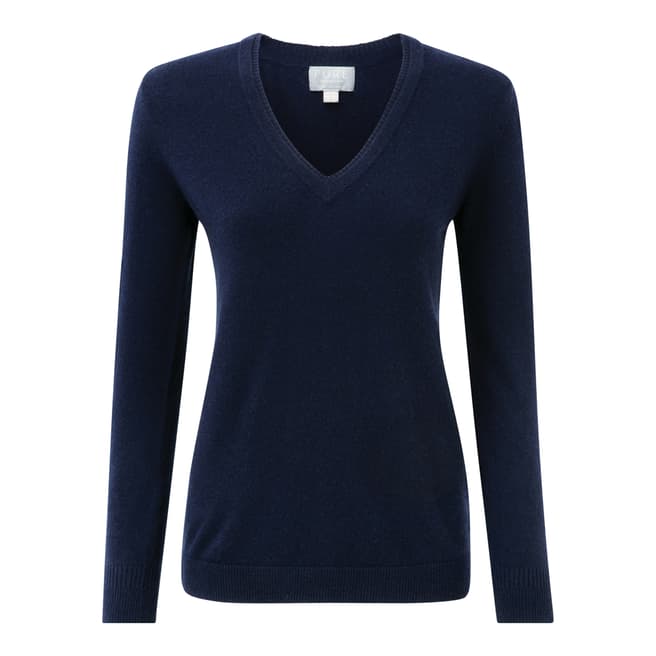 Pure Collection Navy Cashmere Double V Neck Jumper